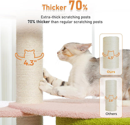 50" Pink Flower Cat Tree for Large Heavy Cats, Maine Coon Cat Tower with Extra Thick Scratching Posts (φ4.3in), Spacious Cat Condo for Big Cats 20 lbs, Soft Top Bed-Green