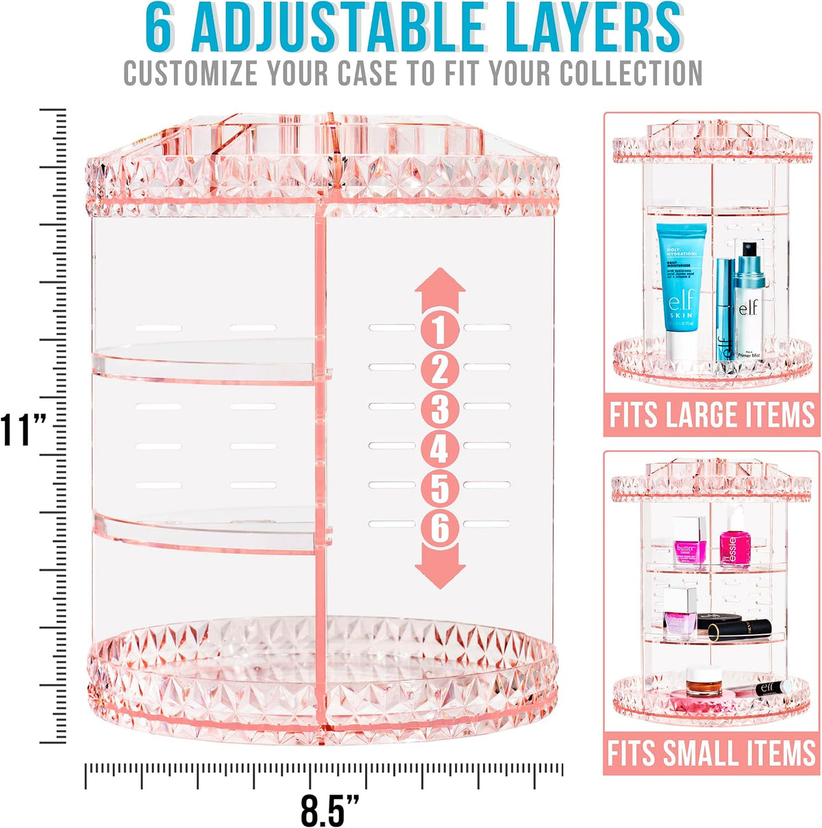 360 Rotating Makeup Organizer - Spinning Acrylic cosmetics organizer, Adjustable Shelves for Make Up, Perfume & Toiletries for Vanity, Bathroom, Bedroom, Closet [Pink]