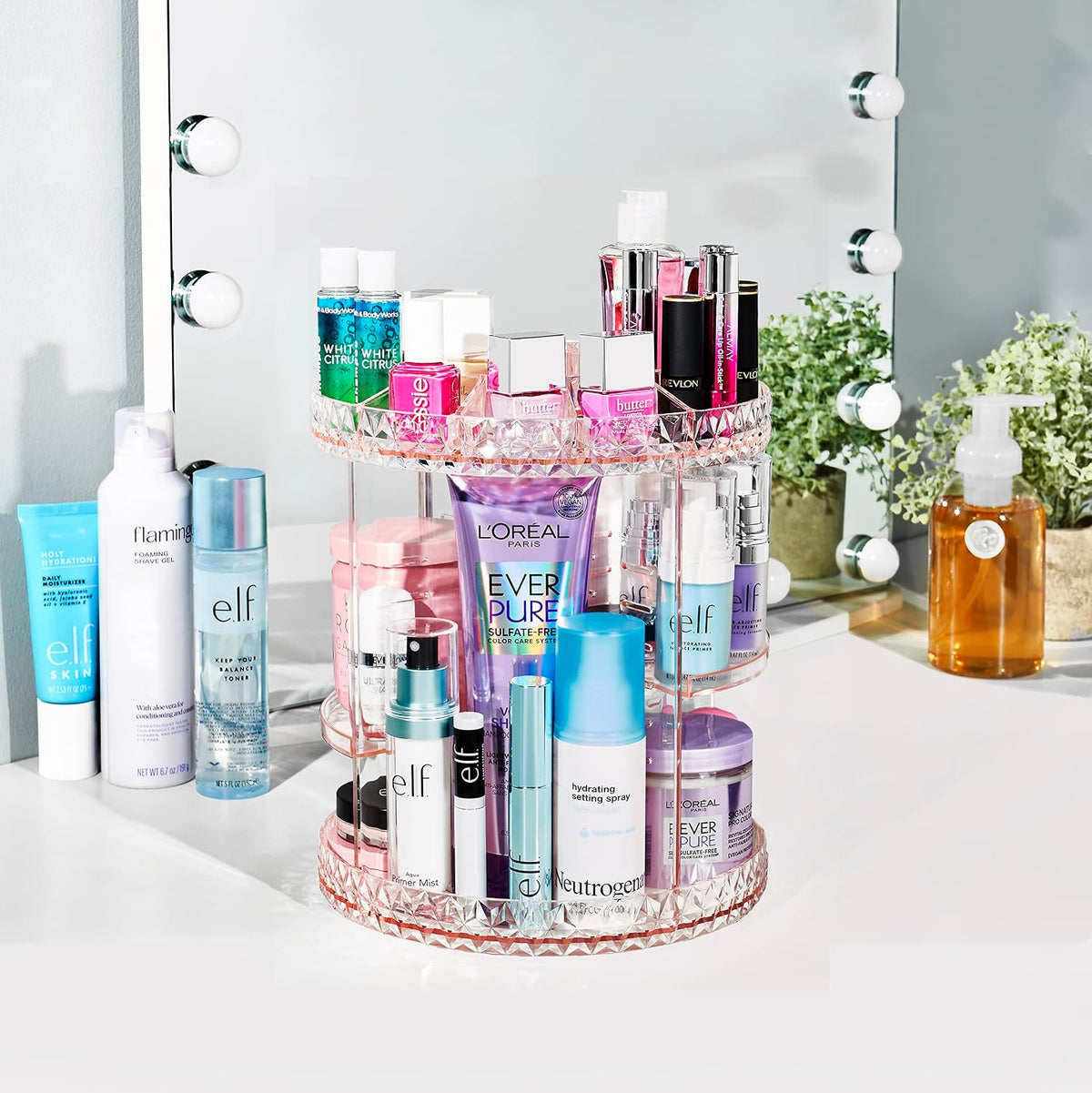 360 Rotating Makeup Organizer - Spinning Acrylic cosmetics organizer, Adjustable Shelves for Make Up, Perfume & Toiletries for Vanity, Bathroom, Bedroom, Closet [Pink]
