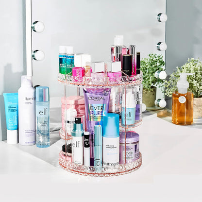 360 Rotating Makeup Organizer - Spinning Acrylic cosmetics organizer, Adjustable Shelves for Make Up, Perfume & Toiletries for Vanity, Bathroom, Bedroom, Closet [Pink]