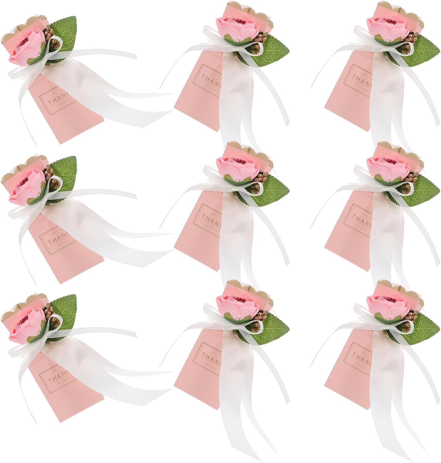 SEWACC 12pcs Floral Candy Treat Boxes with Ribbon Bow Wedding Favor Boxes for Anniversary Birthday Party Packaging in Light Pink