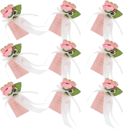SEWACC 12pcs Floral Candy Treat Boxes with Ribbon Bow Wedding Favor Boxes for Anniversary Birthday Party Packaging in Light Pink
