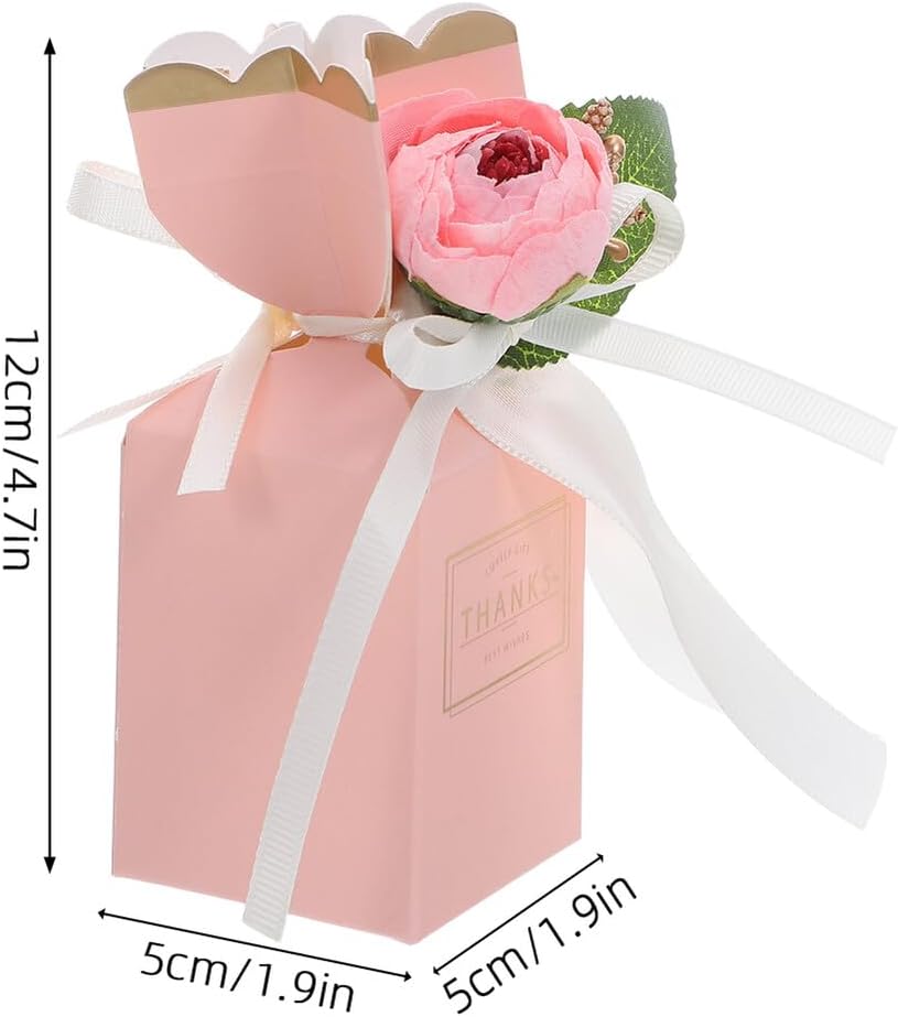 SEWACC 12pcs Floral Candy Treat Boxes with Ribbon Bow Wedding Favor Boxes for Anniversary Birthday Party Packaging in Light Pink