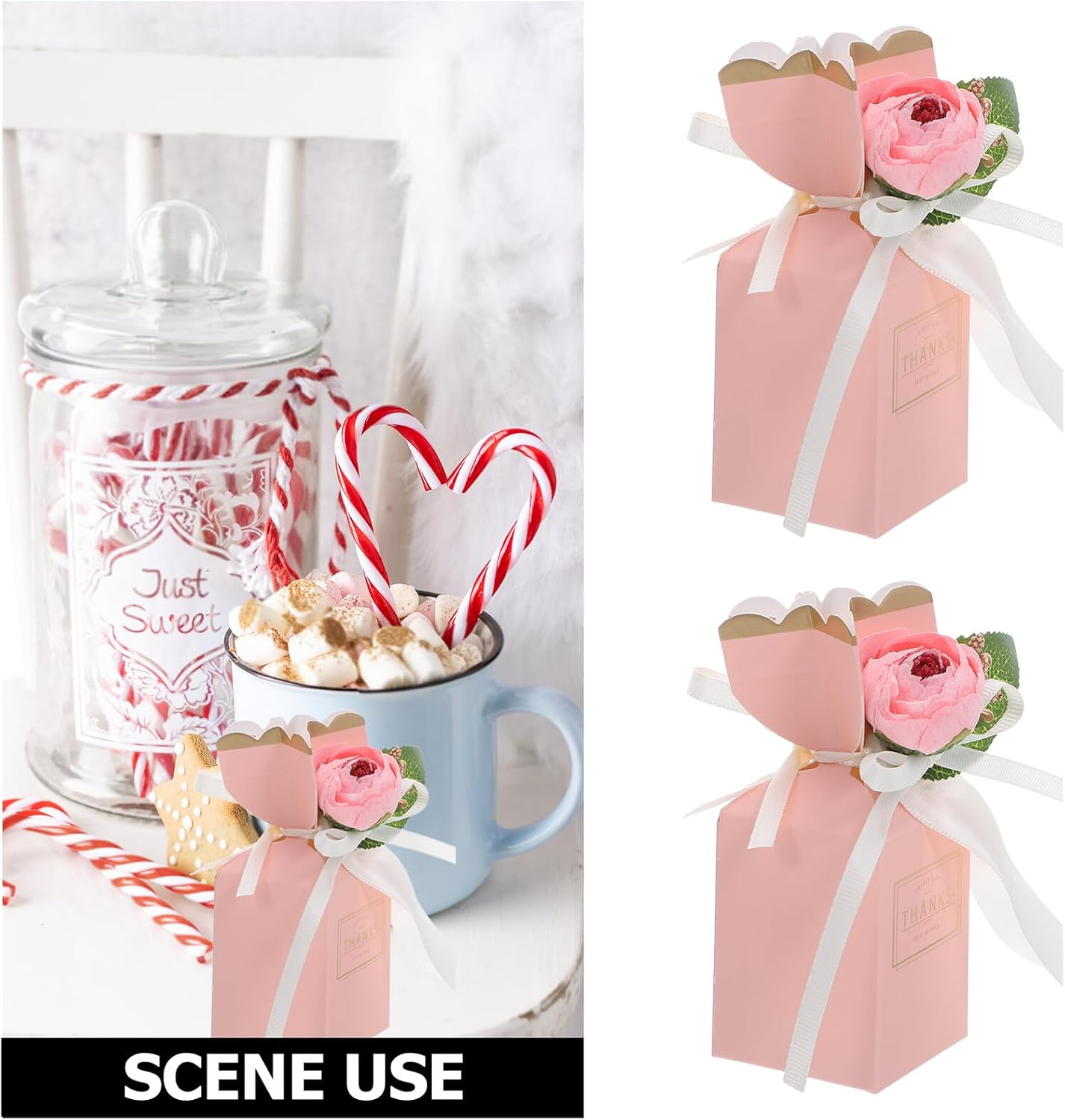 SEWACC 12pcs Floral Candy Treat Boxes with Ribbon Bow Wedding Favor Boxes for Anniversary Birthday Party Packaging in Light Pink