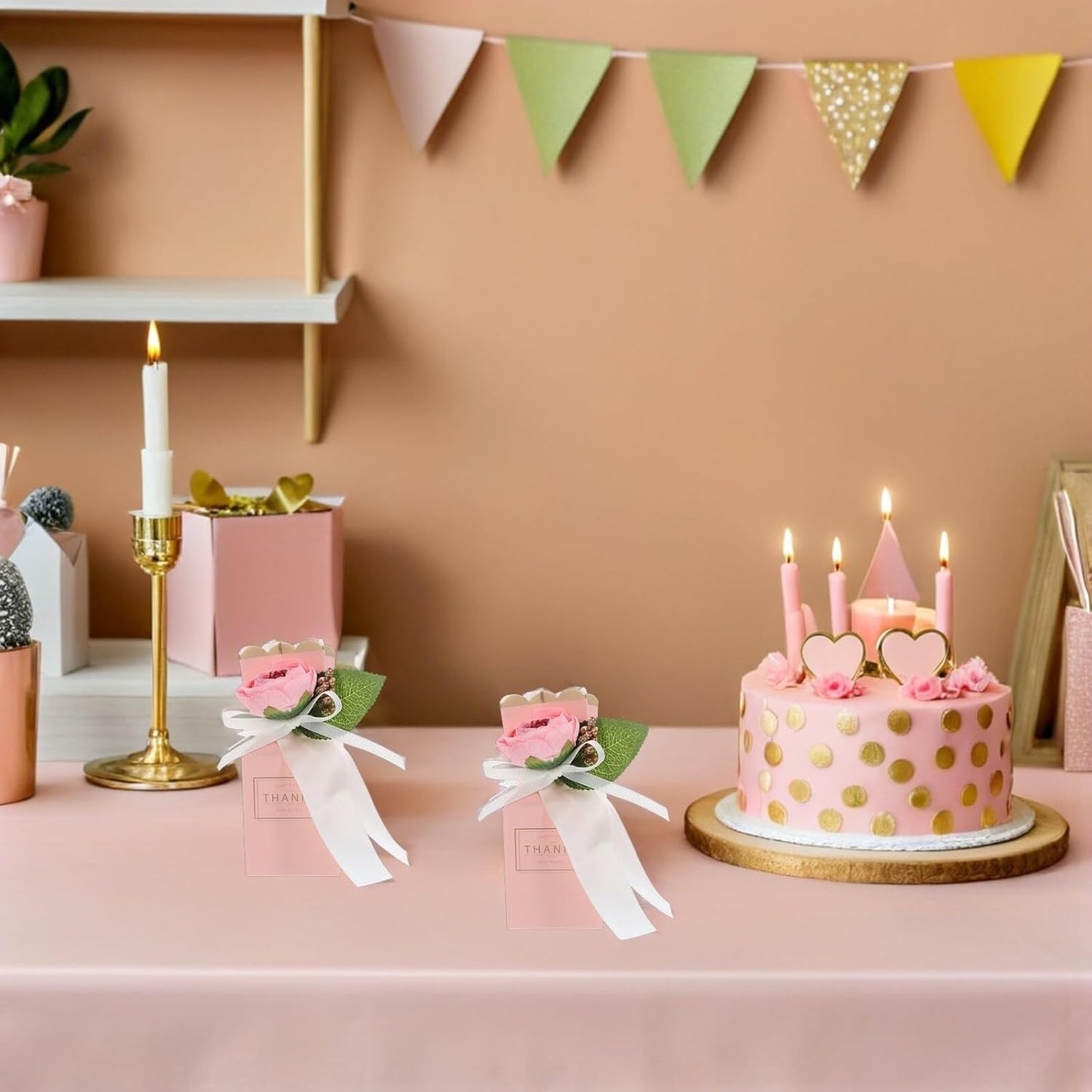 SEWACC 12pcs Floral Candy Treat Boxes with Ribbon Bow Wedding Favor Boxes for Anniversary Birthday Party Packaging in Light Pink