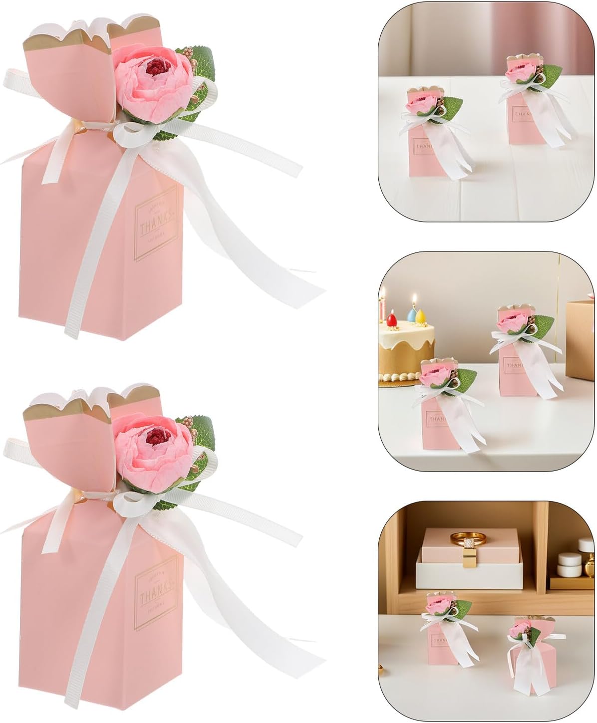 SEWACC 12pcs Floral Candy Treat Boxes with Ribbon Bow Wedding Favor Boxes for Anniversary Birthday Party Packaging in Light Pink