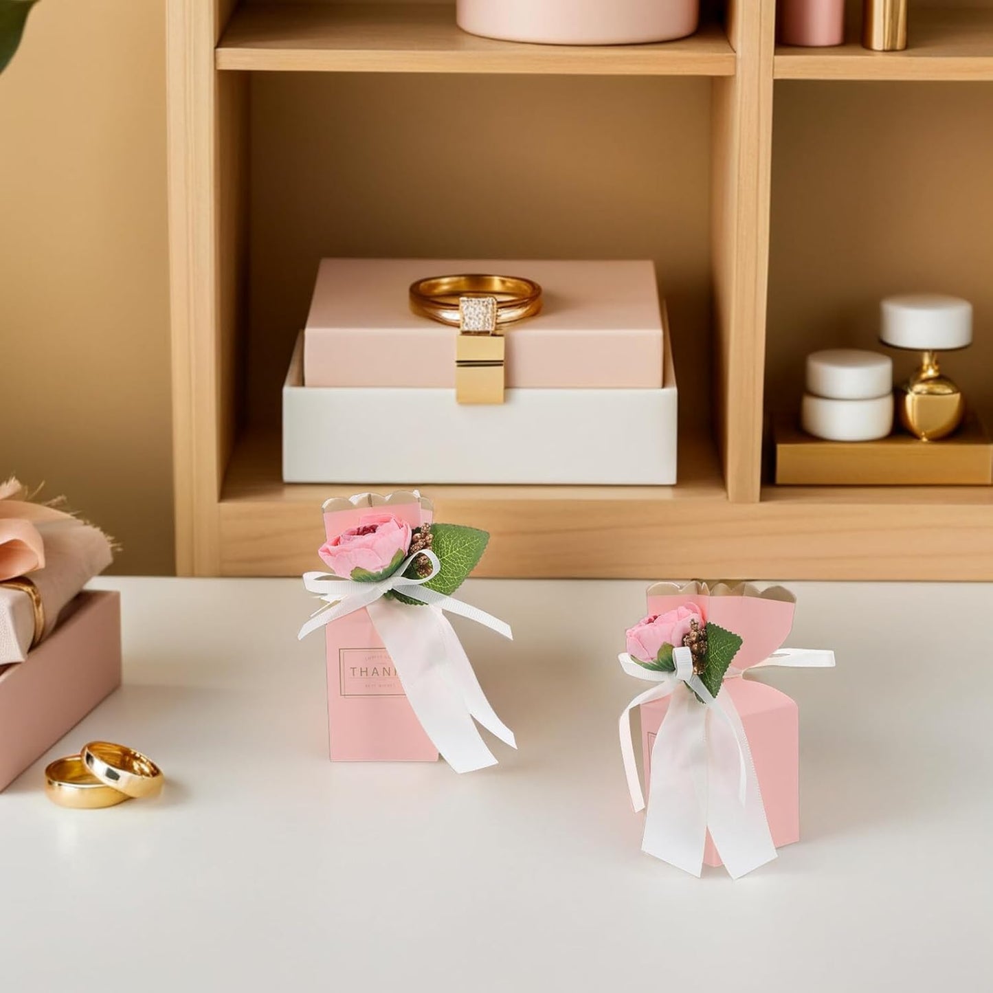 SEWACC 12pcs Floral Candy Treat Boxes with Ribbon Bow Wedding Favor Boxes for Anniversary Birthday Party Packaging in Light Pink