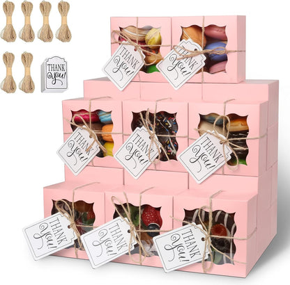 60 Pcs Pink Bakery Boxes with Window Individual Cupcake Boxes 4x4x2.5 Inches Cookie Boxes Kraft Paper Pink Gift Box for Pastries, Cookies, Pie, Donuts, Macaroon