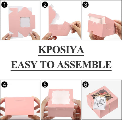 60 Pcs Pink Bakery Boxes with Window Individual Cupcake Boxes 4x4x2.5 Inches Cookie Boxes Kraft Paper Pink Gift Box for Pastries, Cookies, Pie, Donuts, Macaroon
