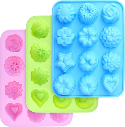 Food Grade Silicone Flowers Molds, Baking Pan with Flowers and Heart Shape Non-Stick 3-Pack Silicone Molds for Chocolate, Candy, Jelly, Ice Cube, Muffin (Pink, Blue and Green)