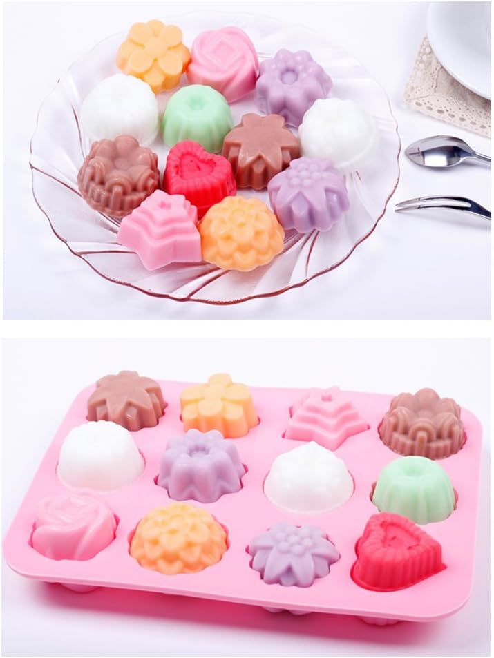 Food Grade Silicone Flowers Molds, Baking Pan with Flowers and Heart Shape Non-Stick 3-Pack Silicone Molds for Chocolate, Candy, Jelly, Ice Cube, Muffin (Pink, Blue and Green)