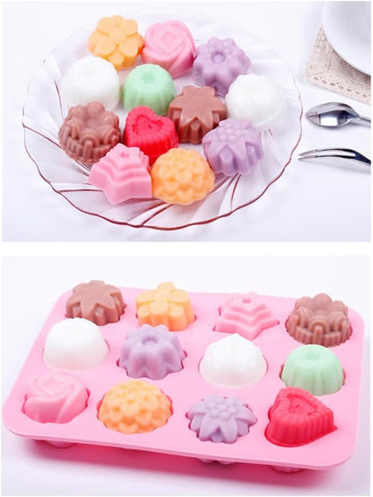 Food Grade Silicone Flowers Molds, Baking Pan with Flowers and Heart Shape Non-Stick 3-Pack Silicone Molds for Chocolate, Candy, Jelly, Ice Cube, Muffin (Pink, Blue and Green)