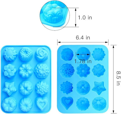 Food Grade Silicone Flowers Molds, Baking Pan with Flowers and Heart Shape Non-Stick 3-Pack Silicone Molds for Chocolate, Candy, Jelly, Ice Cube, Muffin (Pink, Blue and Green)