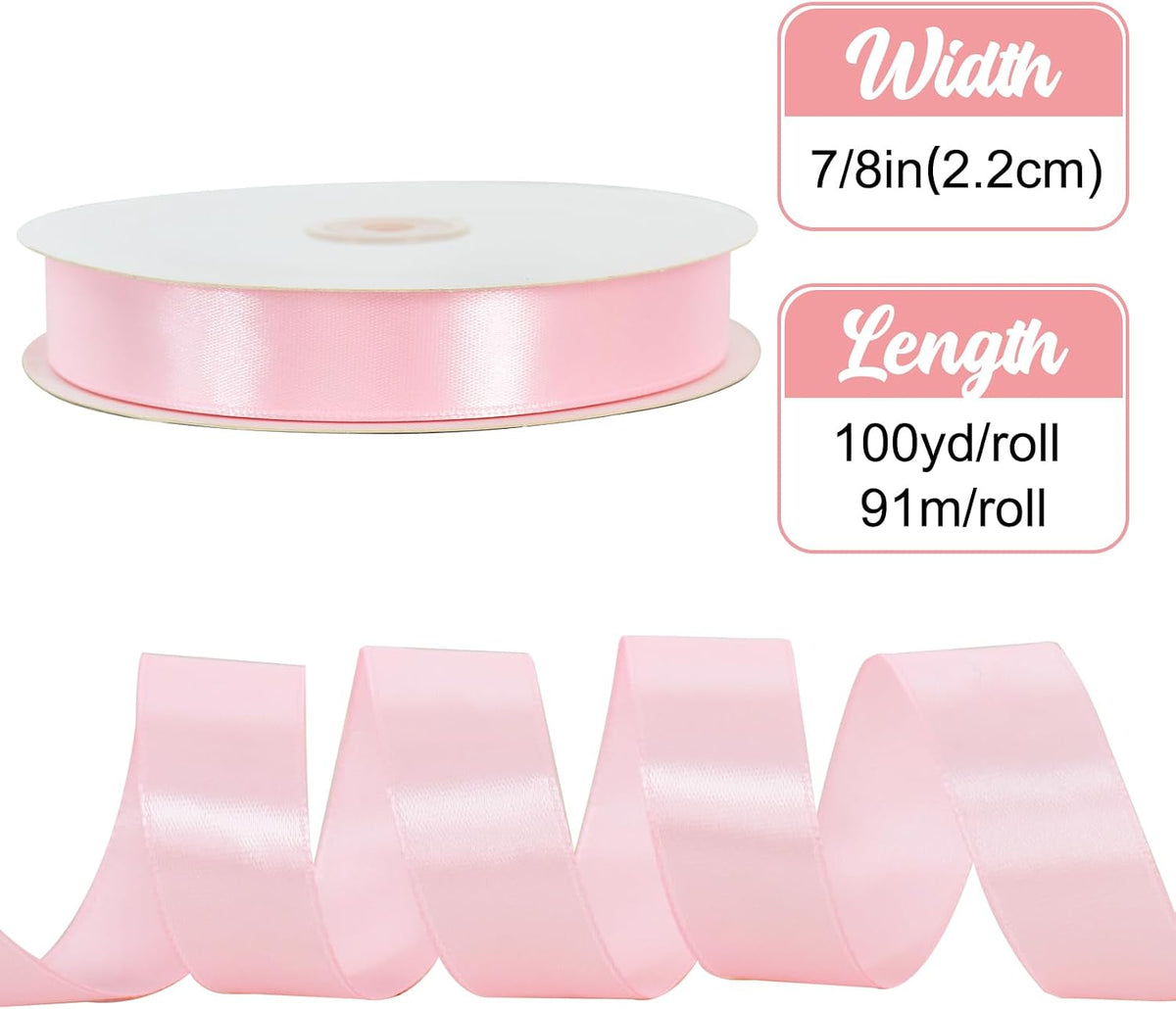 7/8 Inch x 100yds Pink Satin Ribbon Valentine Gift Wrapping Ribbons