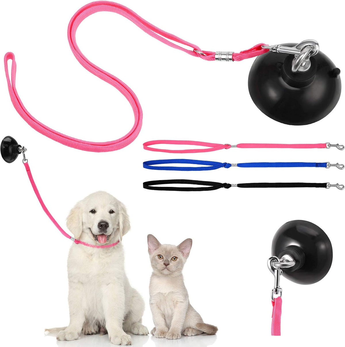 4 Pcs Dog Bathing Tether with Suction Cup,Blue Black Pink
