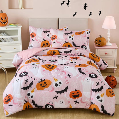 Pink Halloween Comforter Set Queen Size, Cute Ghost Pumpkin Bedding Set