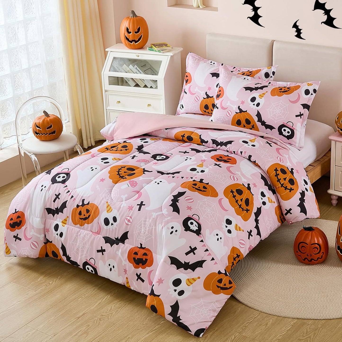 Pink Halloween Comforter Set Queen Size, Cute Ghost Pumpkin Bedding Set
