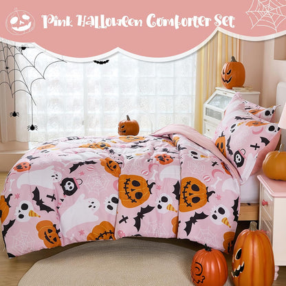 Pink Halloween Comforter Set Queen Size, Cute Ghost Pumpkin Bedding Set