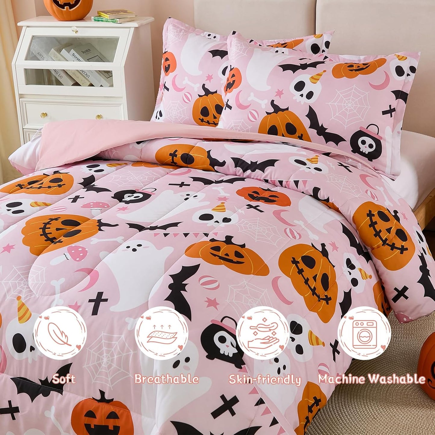 Pink Halloween Comforter Set Queen Size, Cute Ghost Pumpkin Bedding Set