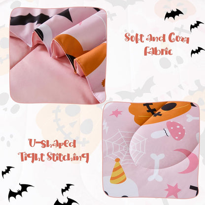Pink Halloween Comforter Set Queen Size, Cute Ghost Pumpkin Bedding Set