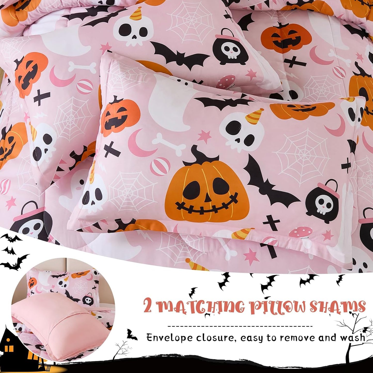 Pink Halloween Comforter Set Queen Size, Cute Ghost Pumpkin Bedding Set