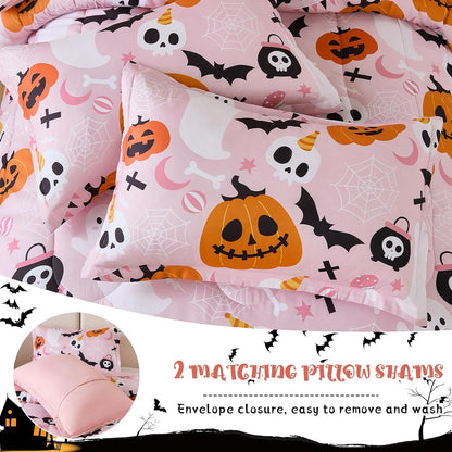 Pink Halloween Comforter Set Queen Size, Cute Ghost Pumpkin Bedding Set