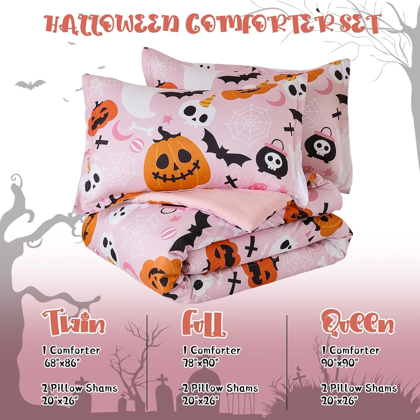 Pink Halloween Comforter Set Queen Size, Cute Ghost Pumpkin Bedding Set