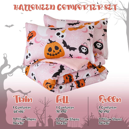 Pink Halloween Comforter Set Queen Size, Cute Ghost Pumpkin Bedding Set
