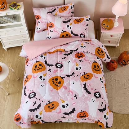 Pink Halloween Comforter Set Queen Size, Cute Ghost Pumpkin Bedding Set