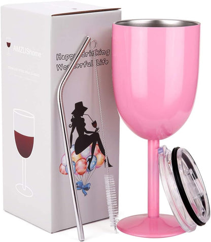 Stainless Steel Wine Glasses Cups.Double Walled Vacuum Insulated Wine Tumbler With Lid and Straw.Friendship,Christmas,Birthday Gifts for Women Men Friends Dad Mom(10oz Light Pink)