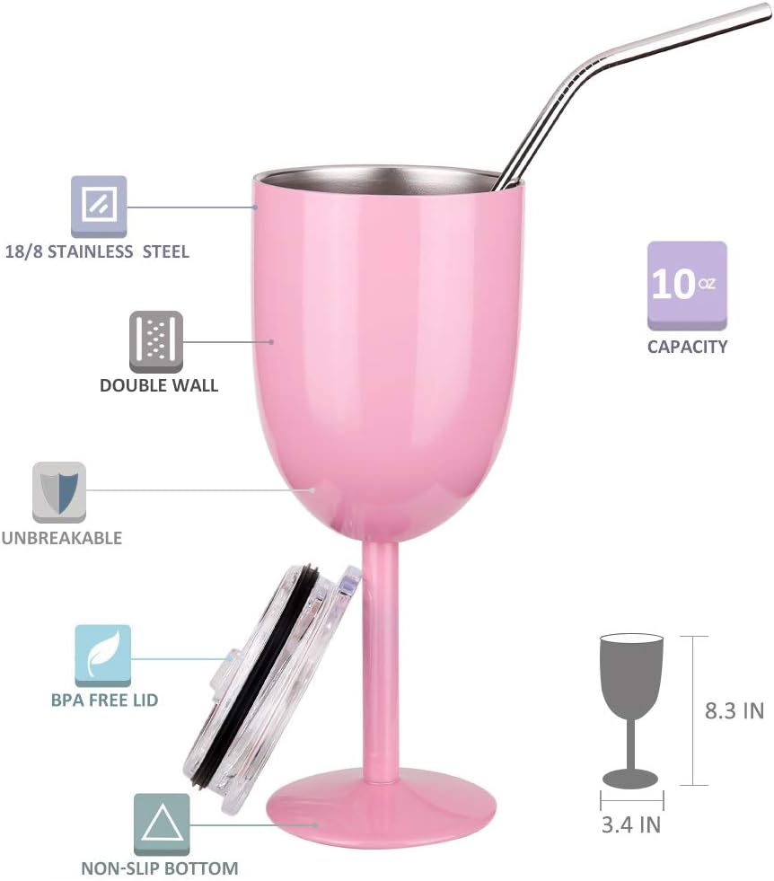 Stainless Steel Wine Glasses Cups.Double Walled Vacuum Insulated Wine Tumbler With Lid and Straw.Friendship,Christmas,Birthday Gifts for Women Men Friends Dad Mom(10oz Light Pink)