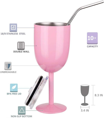 Stainless Steel Wine Glasses Cups.Double Walled Vacuum Insulated Wine Tumbler With Lid and Straw.Friendship,Christmas,Birthday Gifts for Women Men Friends Dad Mom(10oz Light Pink)