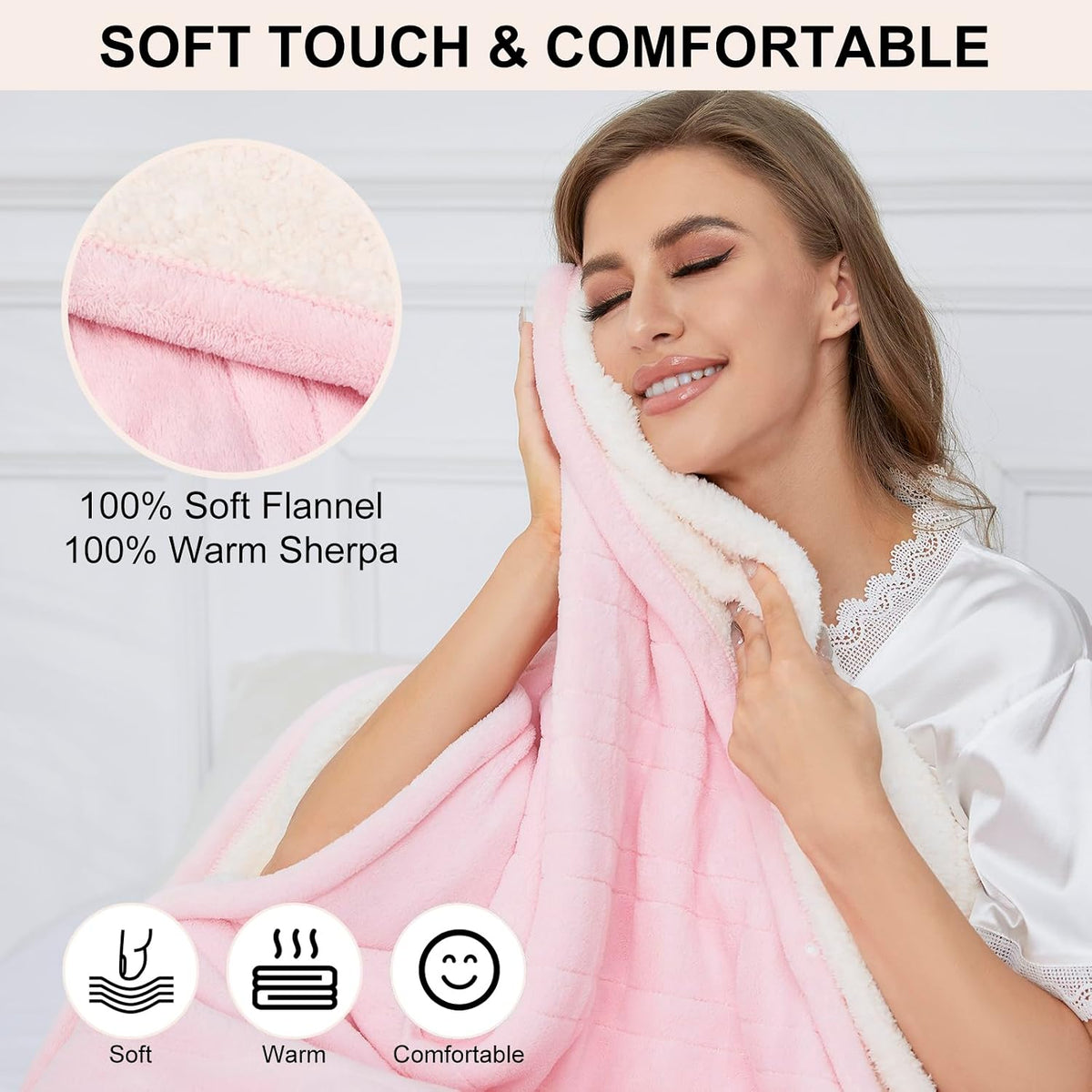 Electric Heated Throw Blanket Sherpa 50"x60" Pink Machine Washable 6 Heat Settings 4 Hours Auto Off Overheat Protection for Home Office Use
