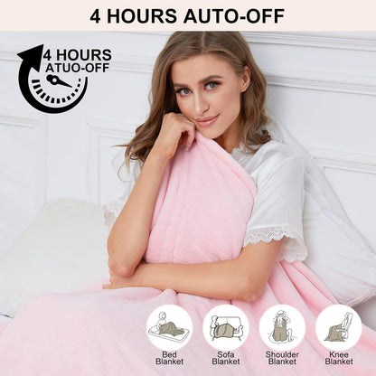 Electric Heated Throw Blanket Sherpa 50"x60" Pink Machine Washable 6 Heat Settings 4 Hours Auto Off Overheat Protection for Home Office Use