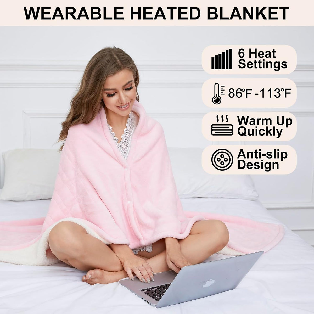 Electric Heated Throw Blanket Sherpa 50"x60" Pink Machine Washable 6 Heat Settings 4 Hours Auto Off Overheat Protection for Home Office Use