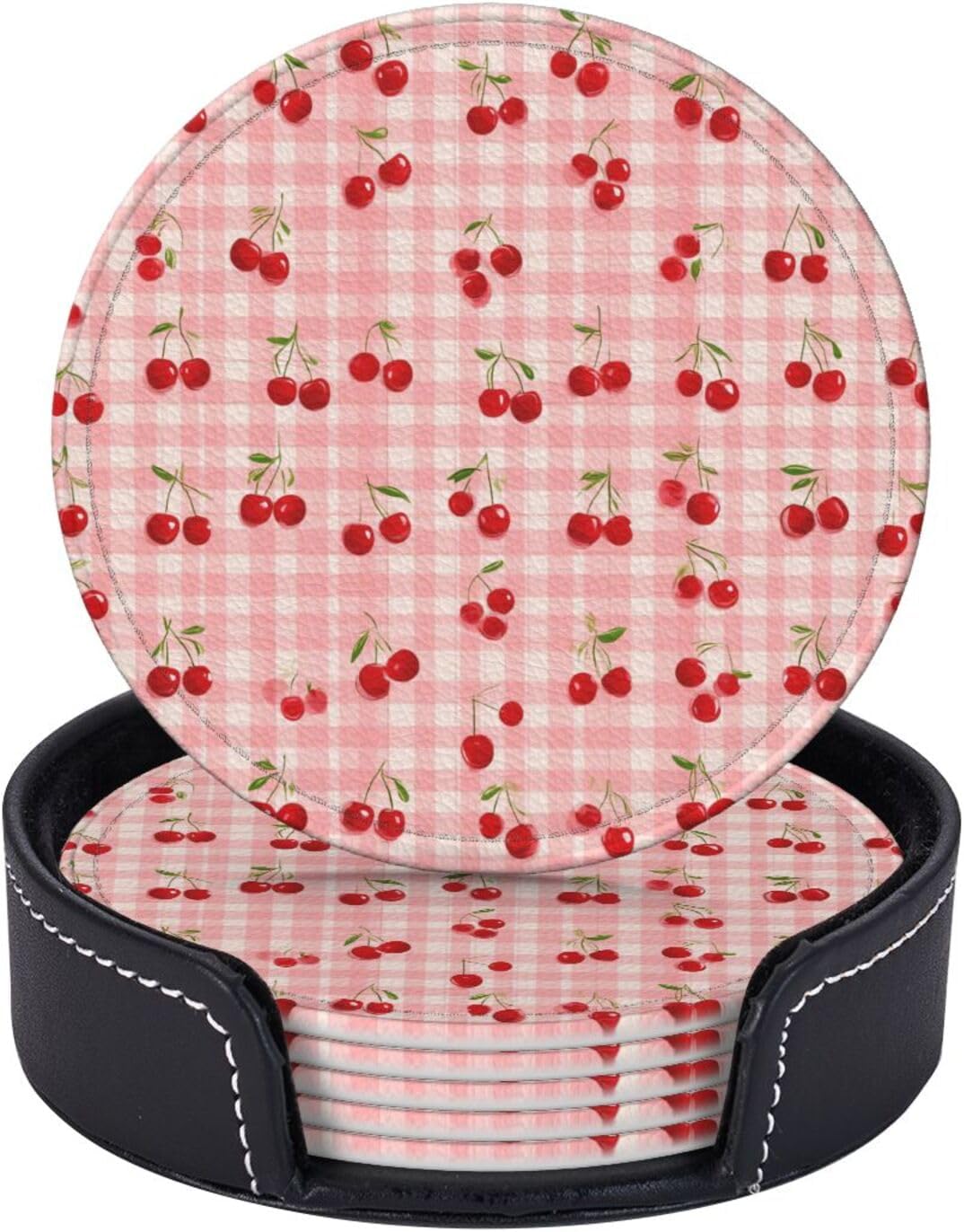 6 Pack Cherry Pink Gingham Leather Coasters with Holder–Cute Country Heat Resistant Drink Coasters Set for Coffee Wine Kitchen Office Bar Table Decor,Round