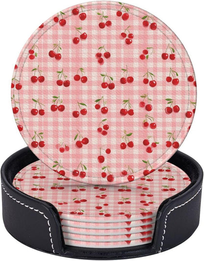 6 Pack Cherry Pink Gingham Leather Coasters with Holder–Cute Country Heat Resistant Drink Coasters Set for Coffee Wine Kitchen Office Bar Table Decor,Round
