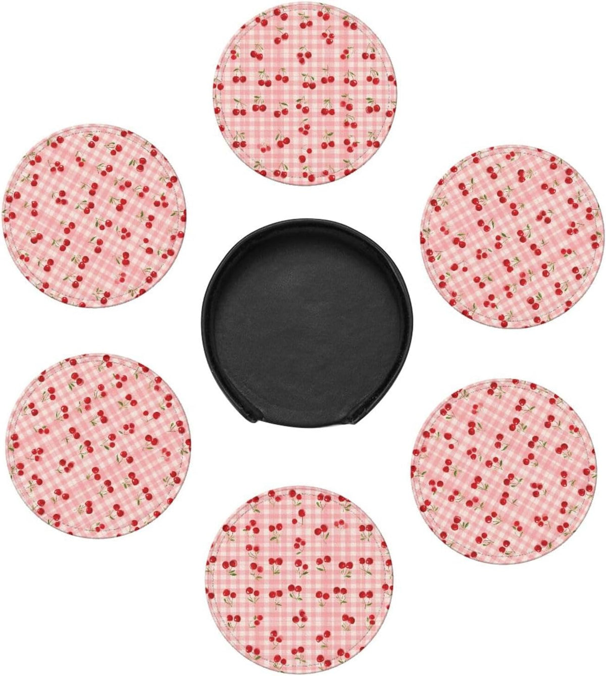 6 Pack Cherry Pink Gingham Leather Coasters with Holder–Cute Country Heat Resistant Drink Coasters Set for Coffee Wine Kitchen Office Bar Table Decor,Round