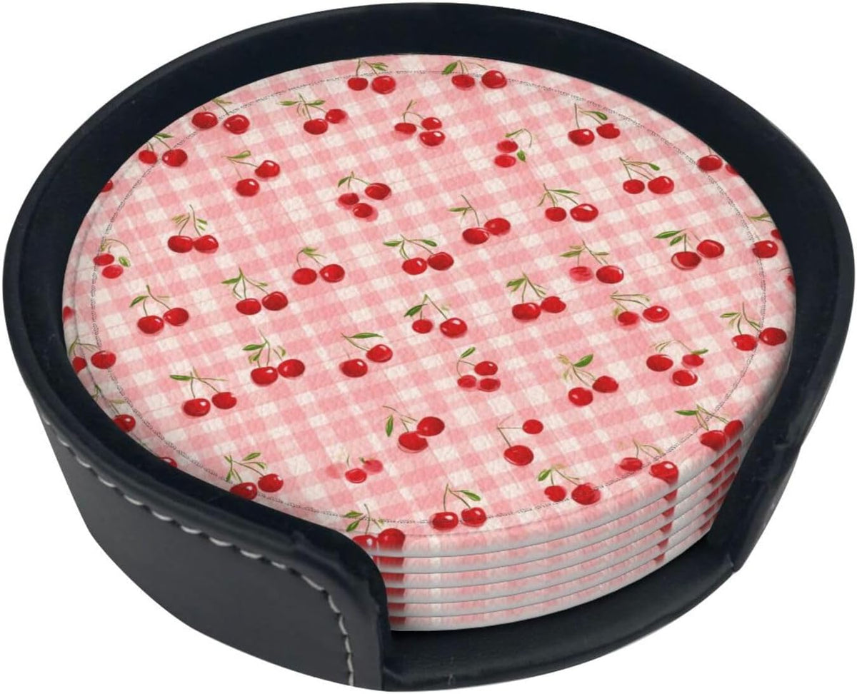 6 Pack Cherry Pink Gingham Leather Coasters with Holder–Cute Country Heat Resistant Drink Coasters Set for Coffee Wine Kitchen Office Bar Table Decor,Round
