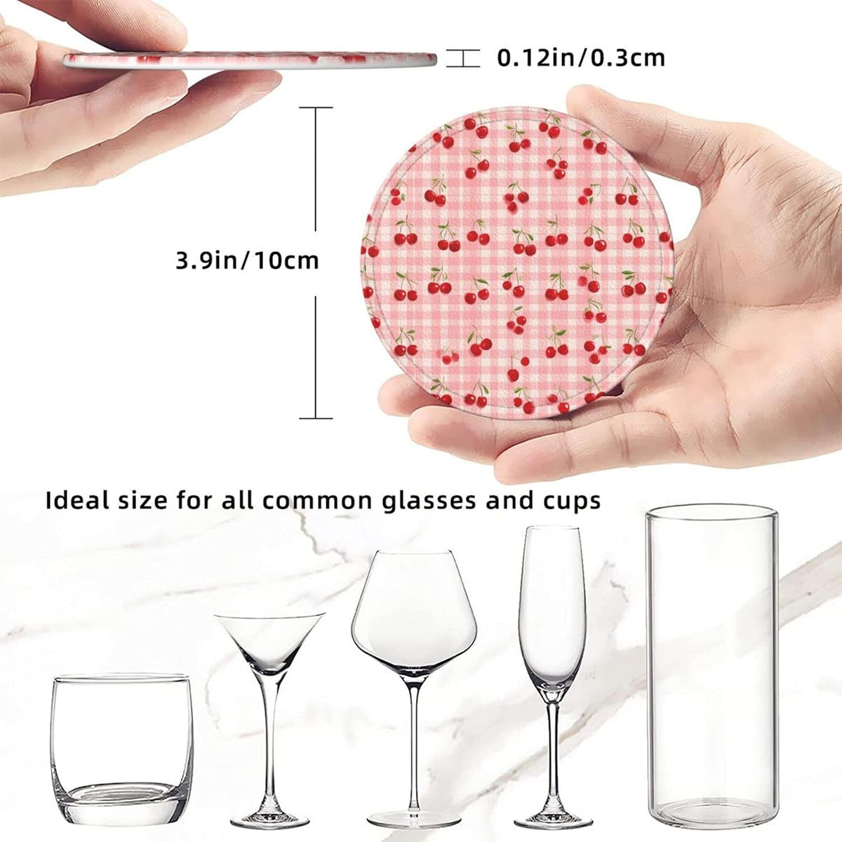 6 Pack Cherry Pink Gingham Leather Coasters with Holder–Cute Country Heat Resistant Drink Coasters Set for Coffee Wine Kitchen Office Bar Table Decor,Round