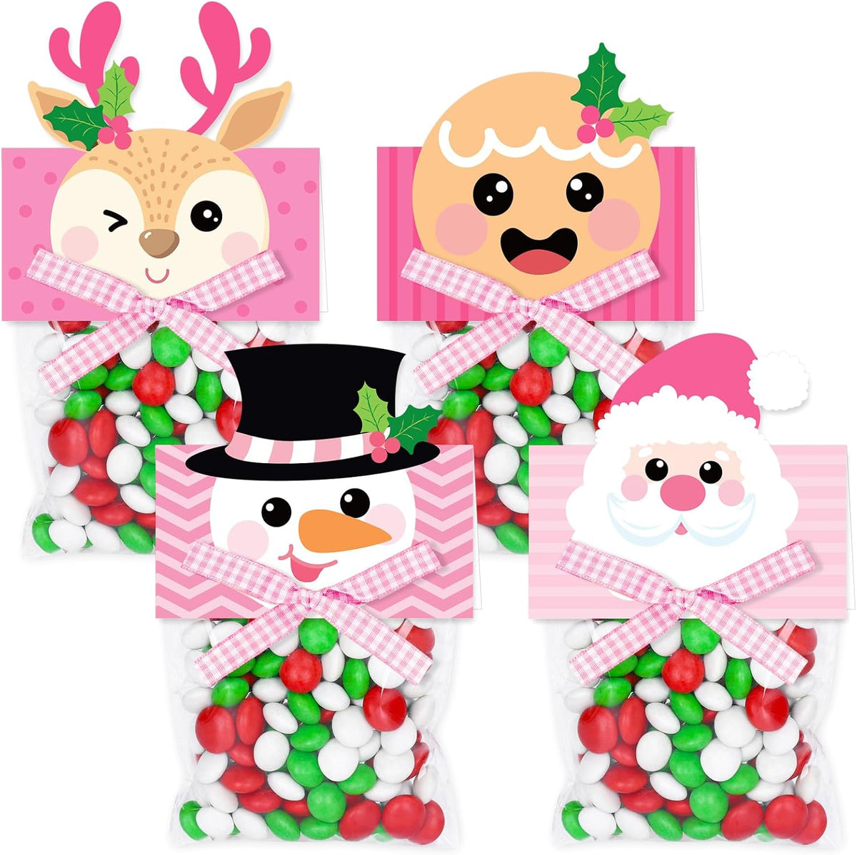 180Pcs Magic Reindeer Food Treat Bags Pink Christmas Self-Adhesive Goodie Bags with Toppers Bow for Winter Xmas Party Packing Supplies