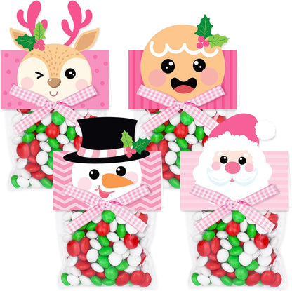 180Pcs Magic Reindeer Food Treat Bags Pink Christmas Self-Adhesive Goodie Bags with Toppers Bow for Winter Xmas Party Packing Supplies