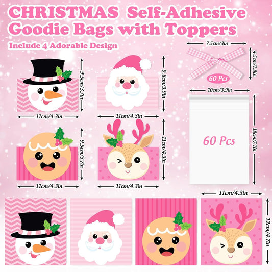 180Pcs Magic Reindeer Food Treat Bags Pink Christmas Self-Adhesive Goodie Bags with Toppers Bow for Winter Xmas Party Packing Supplies