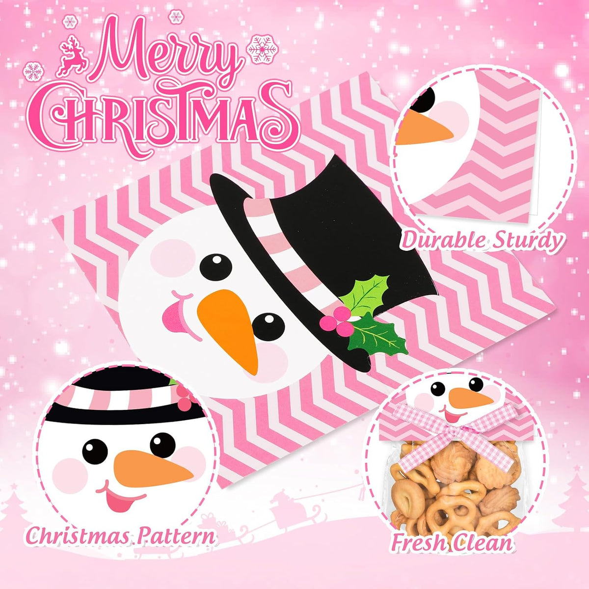 180Pcs Magic Reindeer Food Treat Bags Pink Christmas Self-Adhesive Goodie Bags with Toppers Bow for Winter Xmas Party Packing Supplies