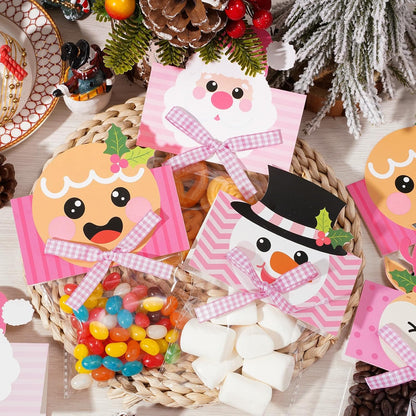 180Pcs Magic Reindeer Food Treat Bags Pink Christmas Self-Adhesive Goodie Bags with Toppers Bow for Winter Xmas Party Packing Supplies