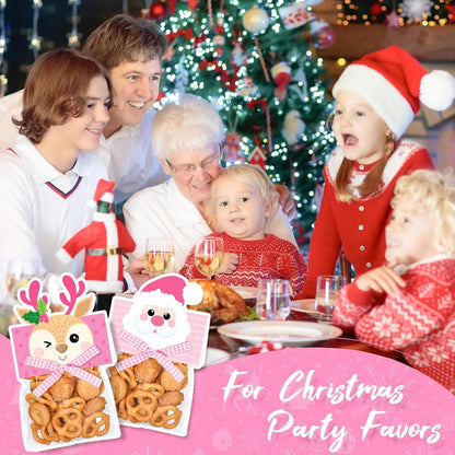 180Pcs Magic Reindeer Food Treat Bags Pink Christmas Self-Adhesive Goodie Bags with Toppers Bow for Winter Xmas Party Packing Supplies