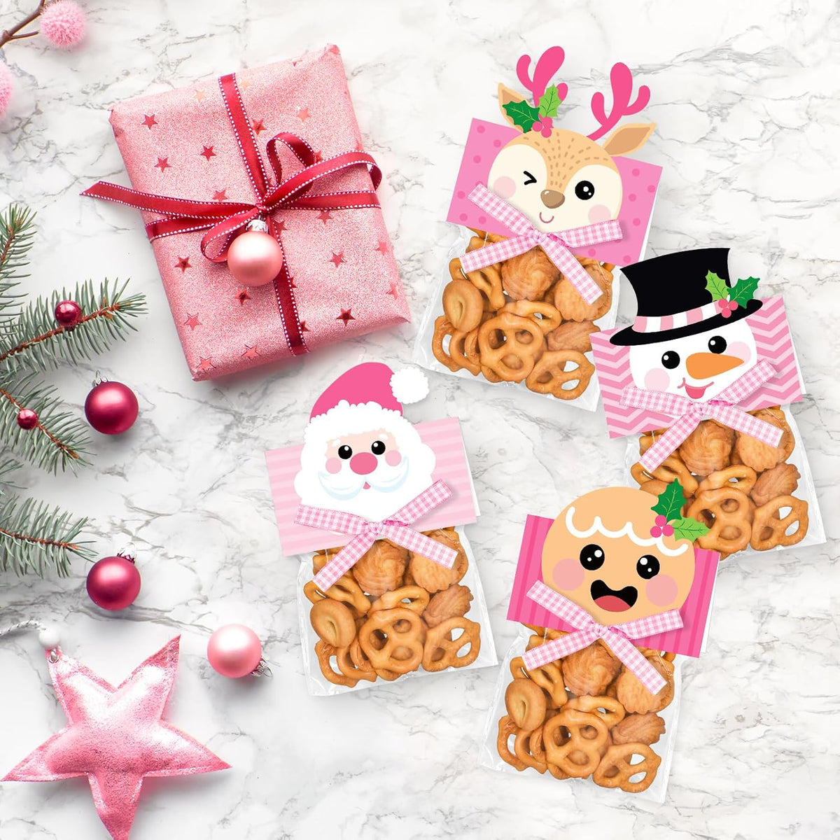 180Pcs Magic Reindeer Food Treat Bags Pink Christmas Self-Adhesive Goodie Bags with Toppers Bow for Winter Xmas Party Packing Supplies