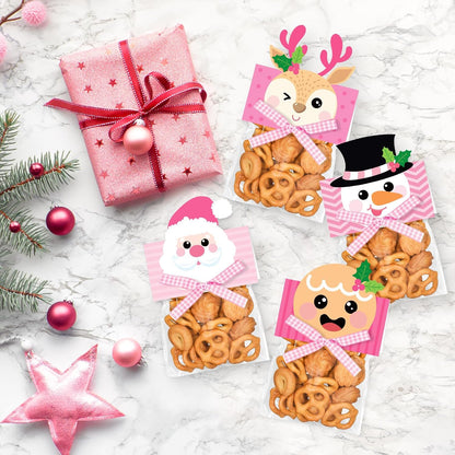 180Pcs Magic Reindeer Food Treat Bags Pink Christmas Self-Adhesive Goodie Bags with Toppers Bow for Winter Xmas Party Packing Supplies