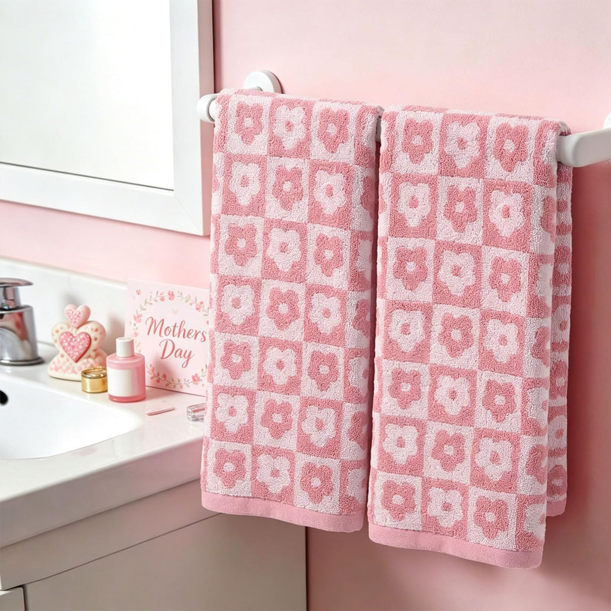 Pink Checkered Floral Hand Towels