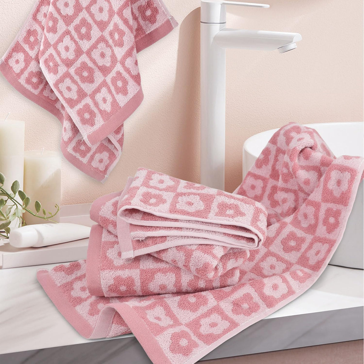 Pink Checkered Floral Hand Towels